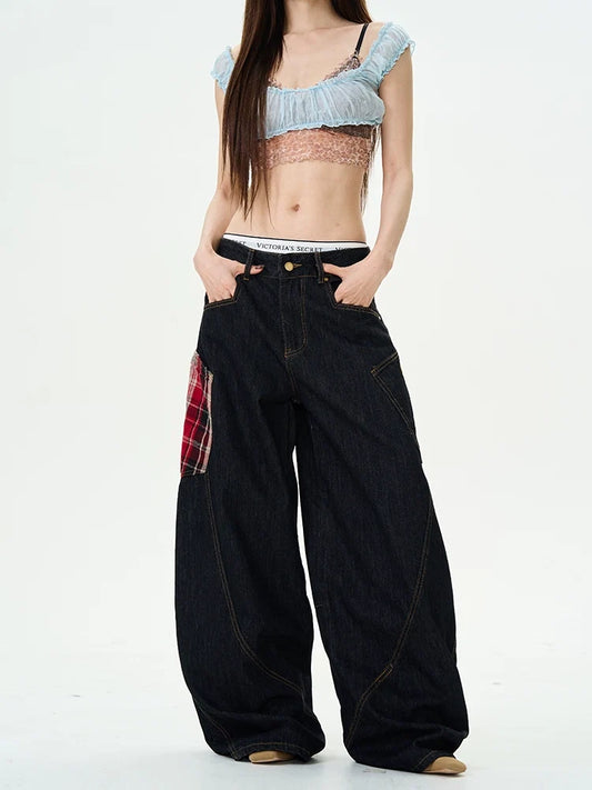 Plaid-Patch Wide-Leg Denim Cargo Pants