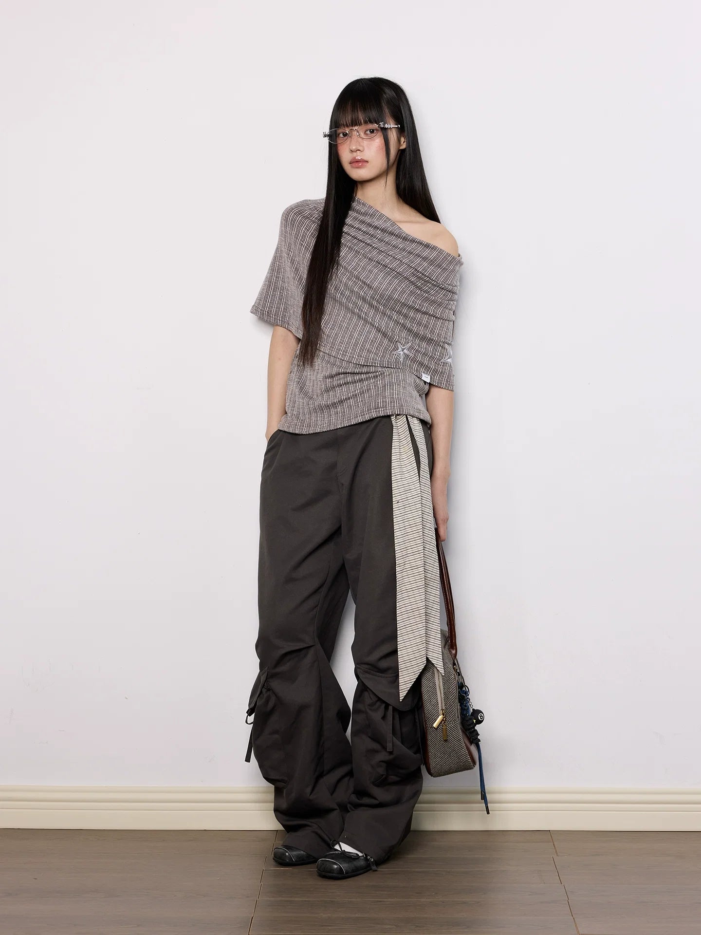 Wide-Leg Dark Cargo Pants with Striped Sash Belt