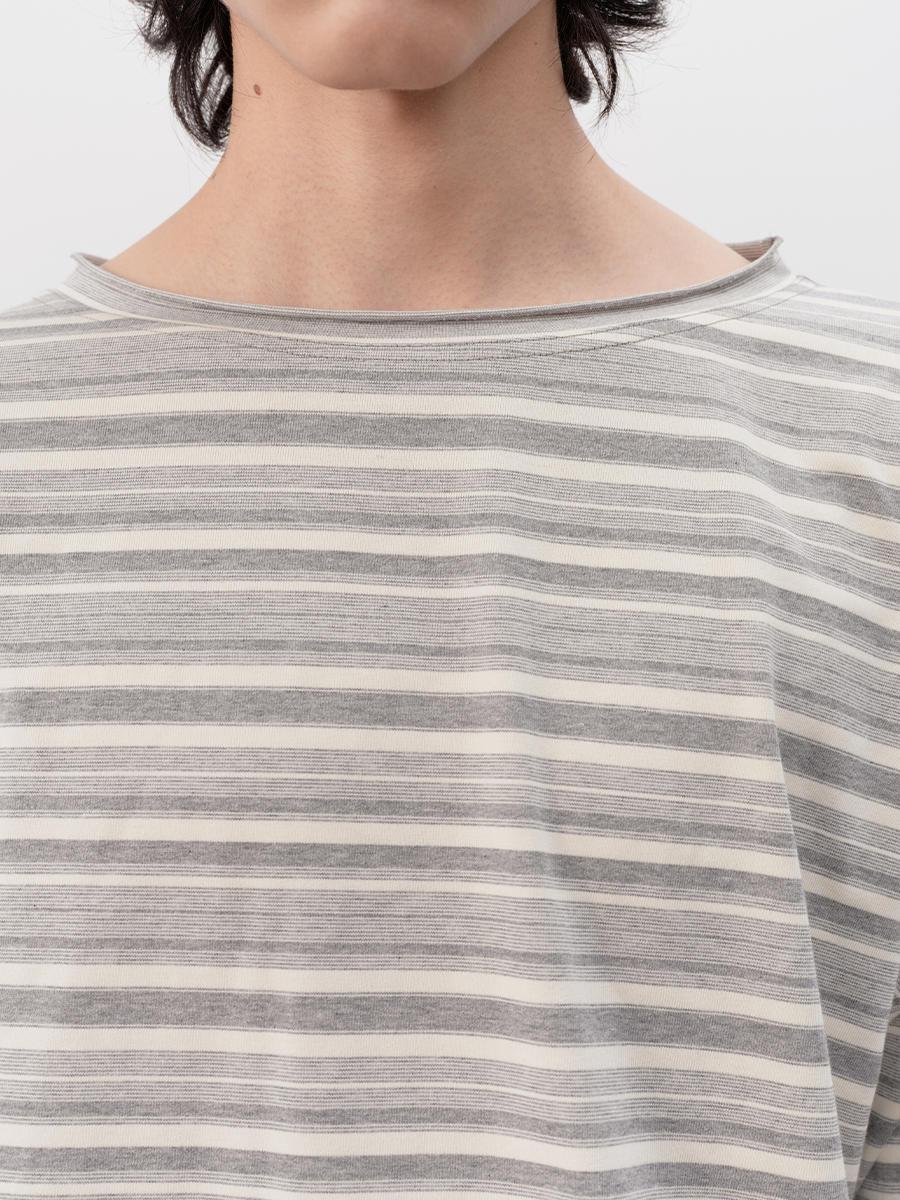Soft Grey Horizontal-Stripe Relaxed Long-Sleeve Tee
