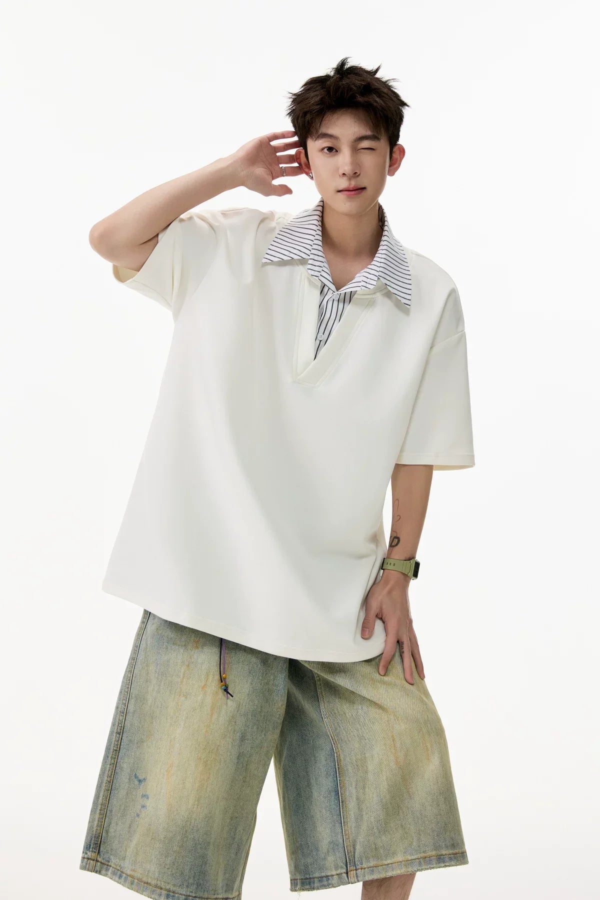Layered V-Placket Polo Tee
