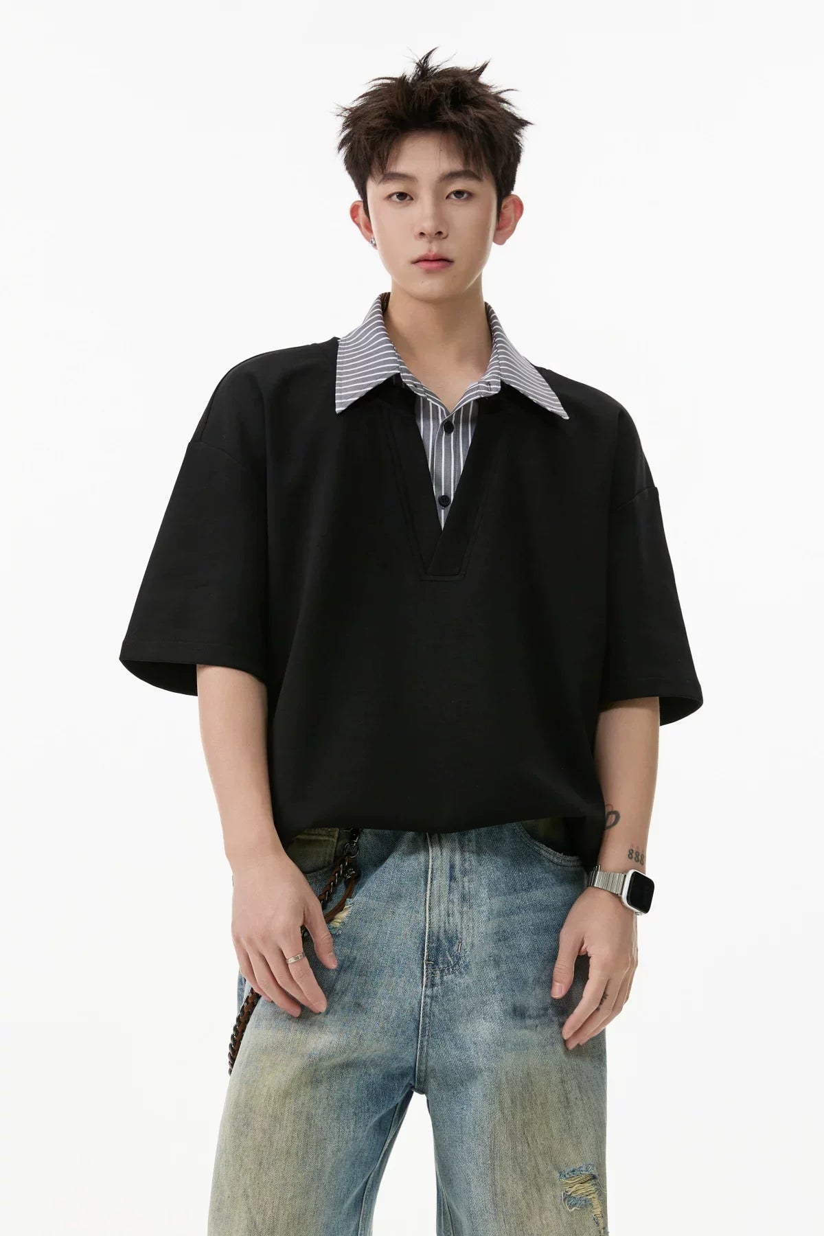 Layered V-Placket Polo Tee
