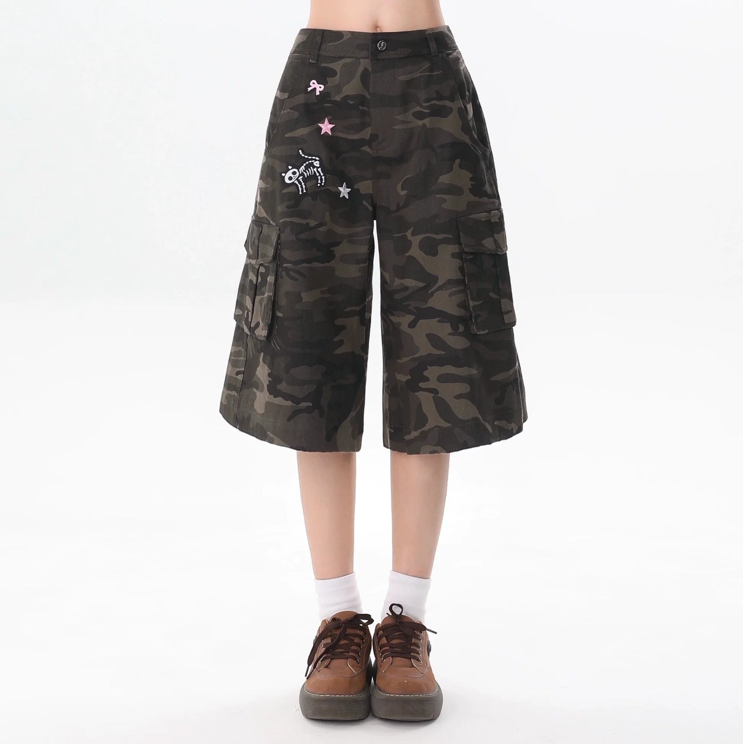 Camo Print Cargo Culottes with Star and Bow Patches