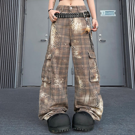 Men's Leopard Plaid Curved-Leg Cargo Pants - Stand Out in Style
