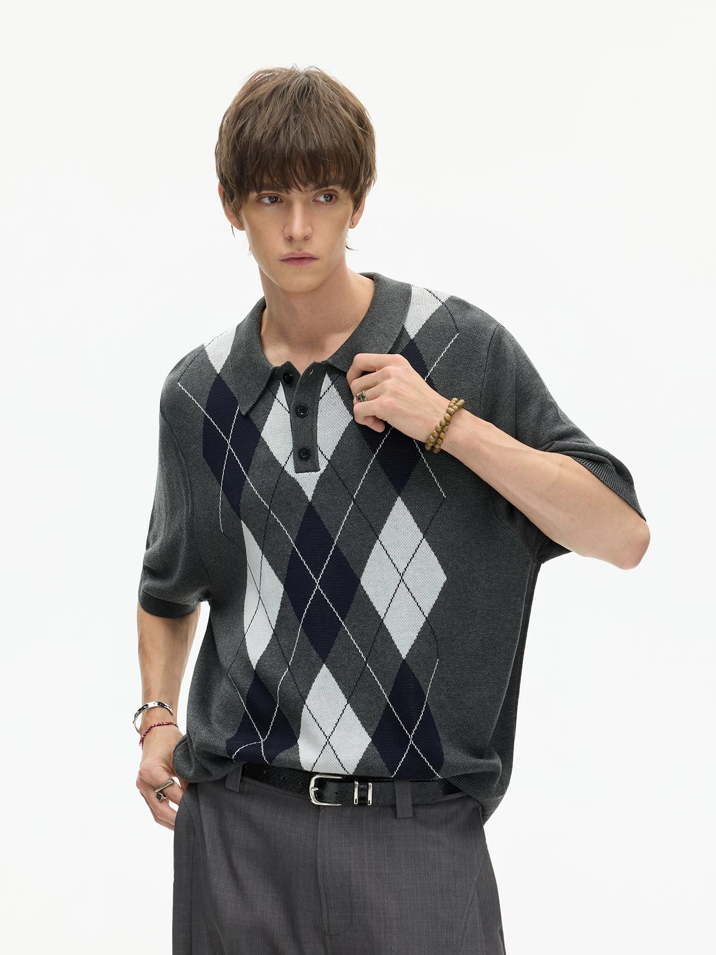 Midnight Argyle Knit Polo Tee