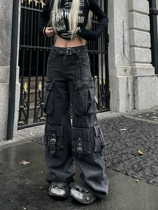 Washed Multi-Pocket Wide-Leg Cargo Jeans