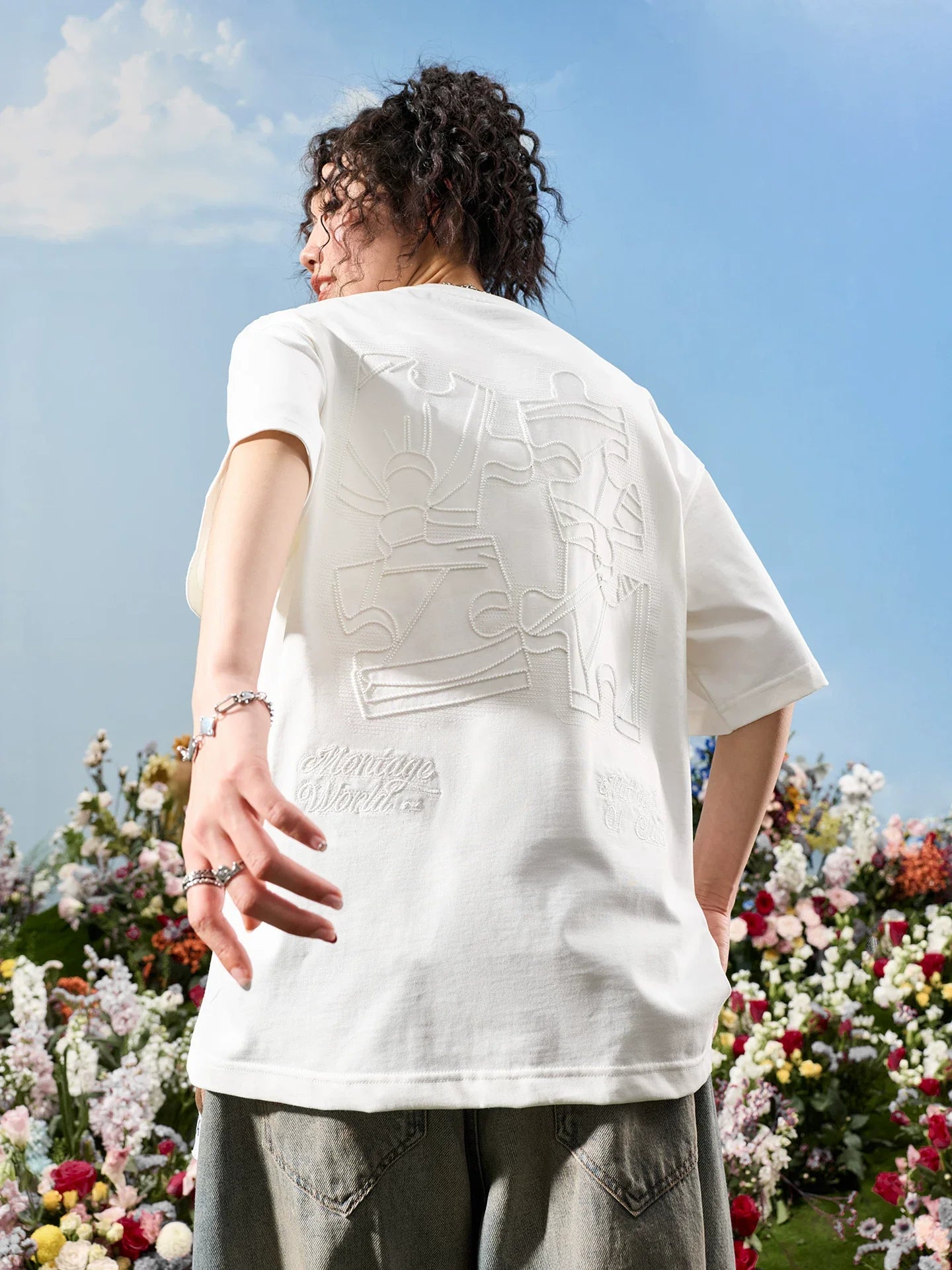 Oversized Embroidered Puzzle Graphic T-Shirt