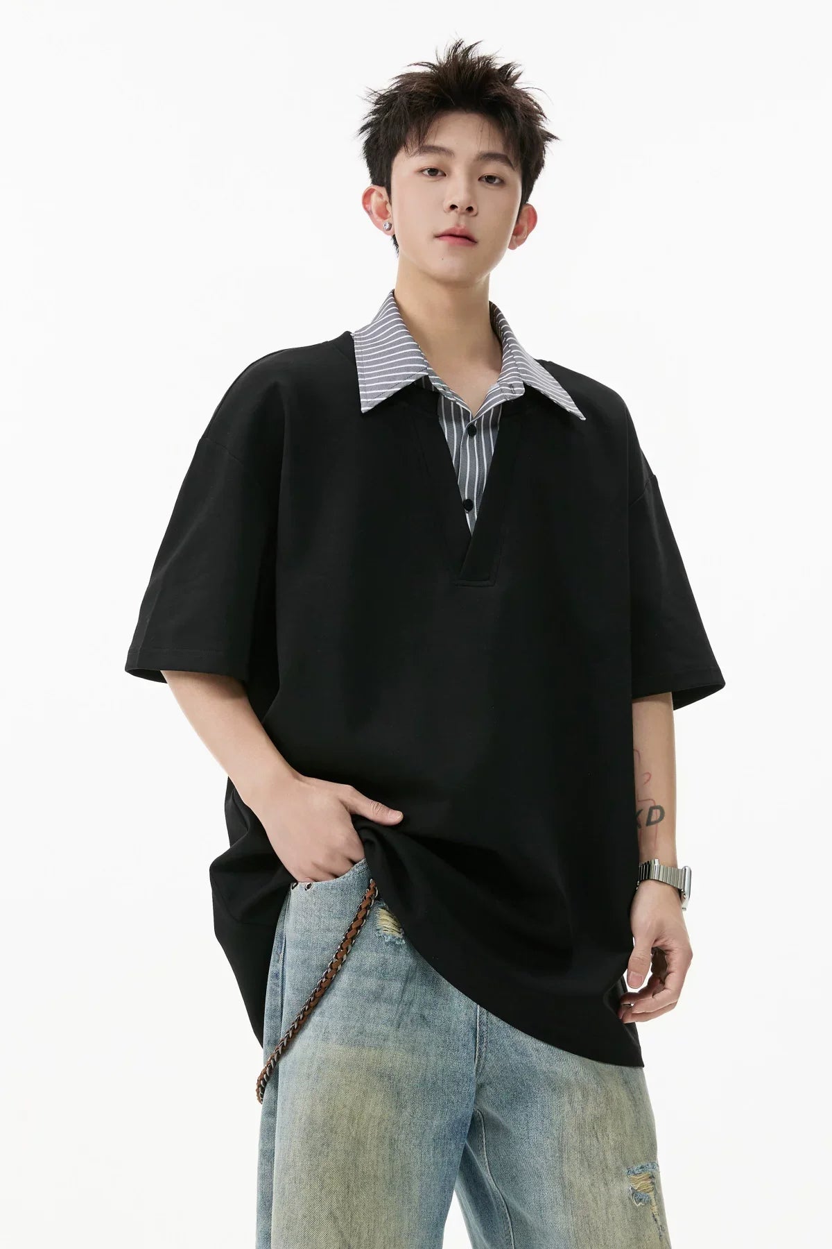 Layered V-Placket Polo Tee