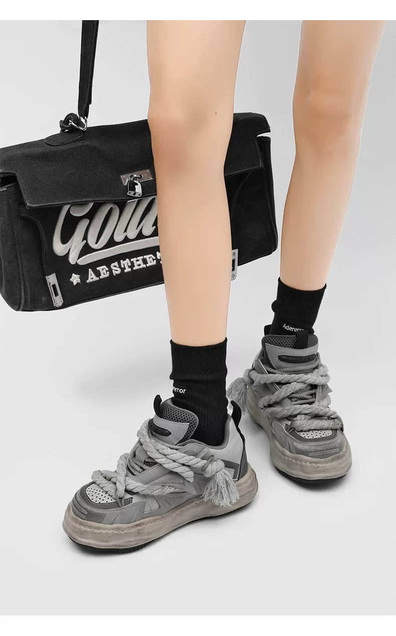 Distressed Rope-Lace Chunky Sneakers - Skipkicks