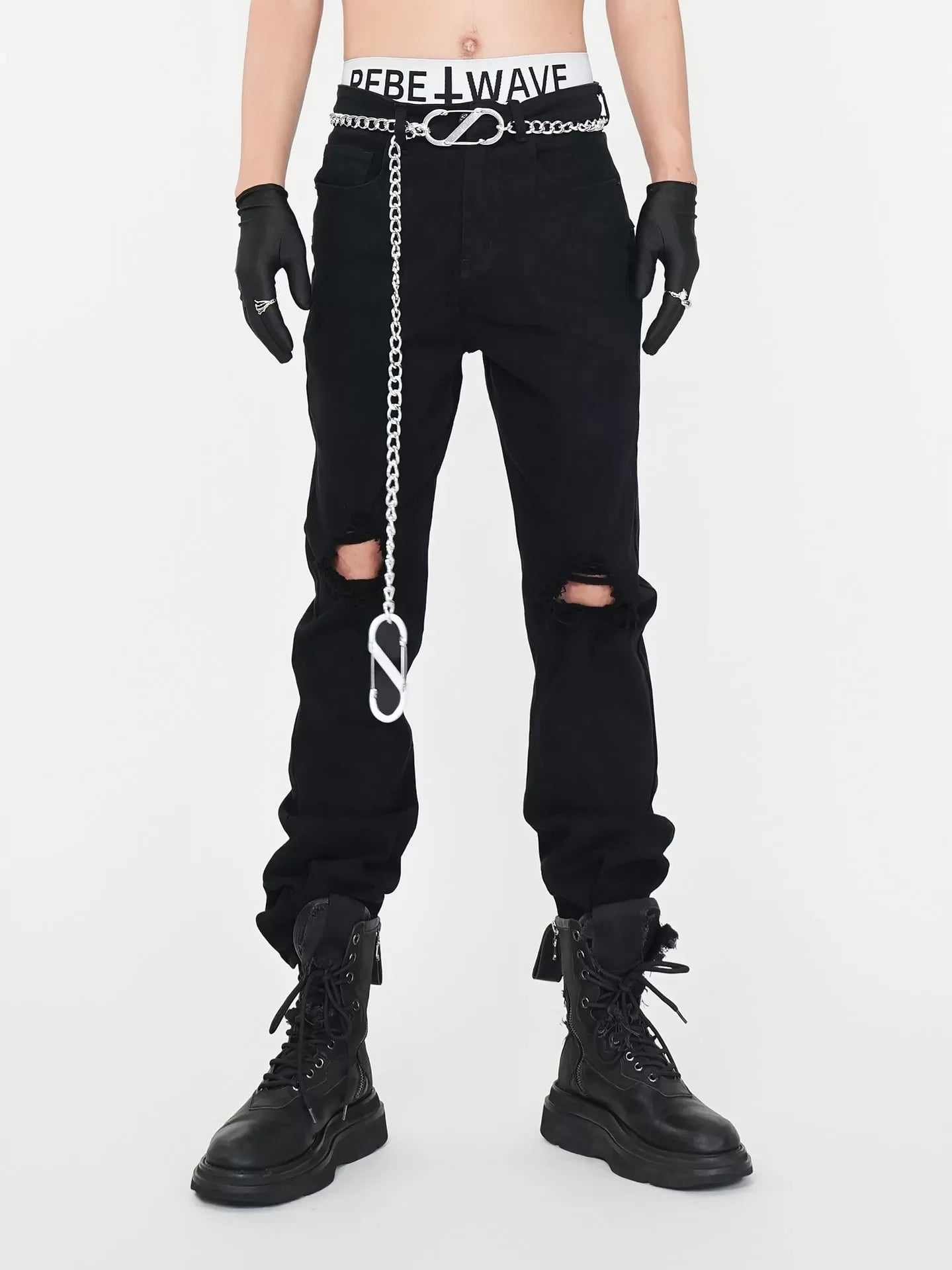 Rebel Wave Chain-Detail Ripped Cargo Jeans