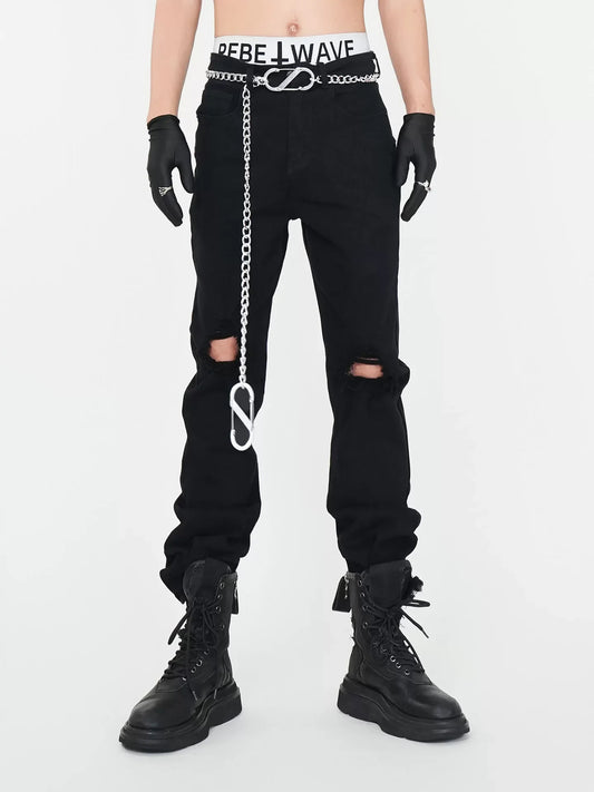 Rebel Wave Chain-Detail Ripped Cargo Jeans