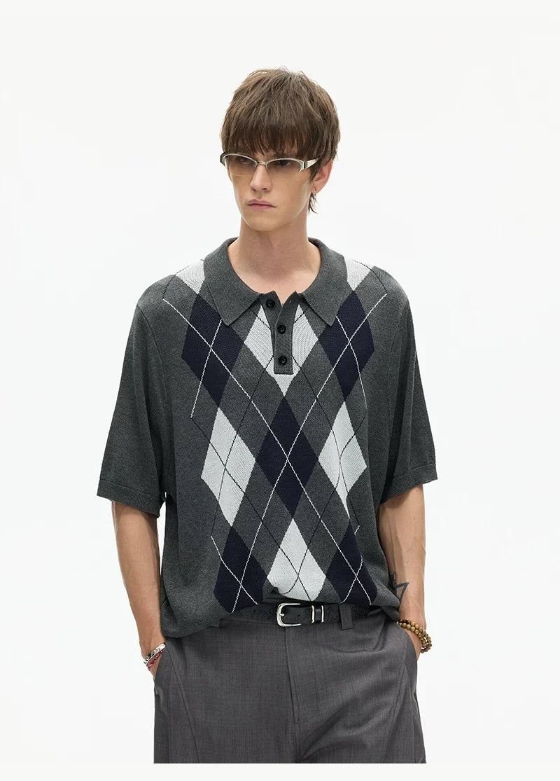 Midnight Argyle Knit Polo Tee