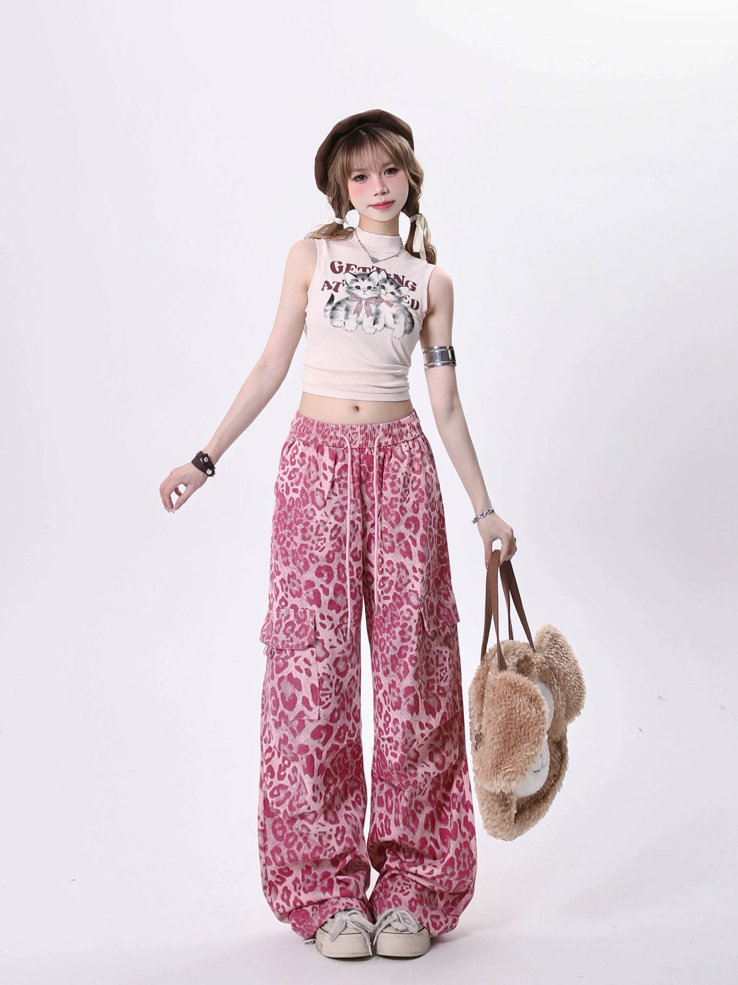 Pink Leopard Print Wide Leg Cargo Pants
