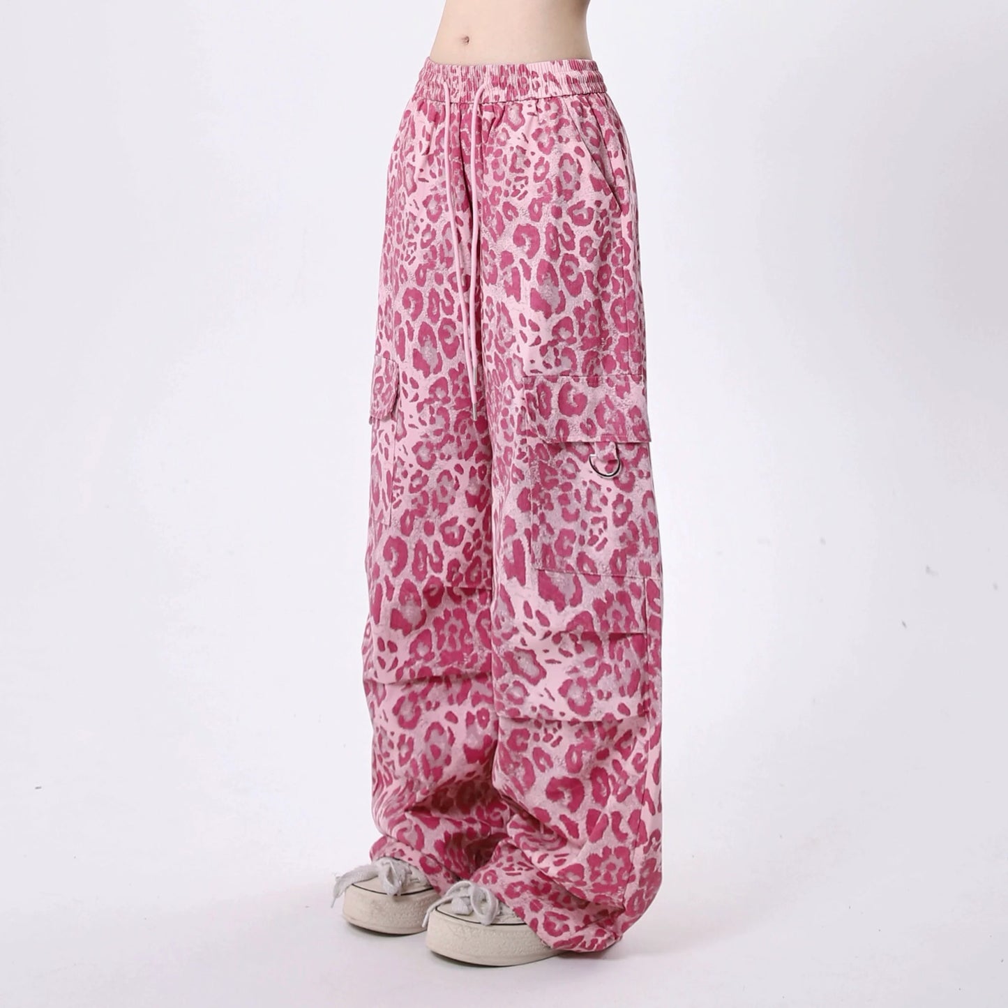 Pink Leopard Print Wide Leg Cargo Pants