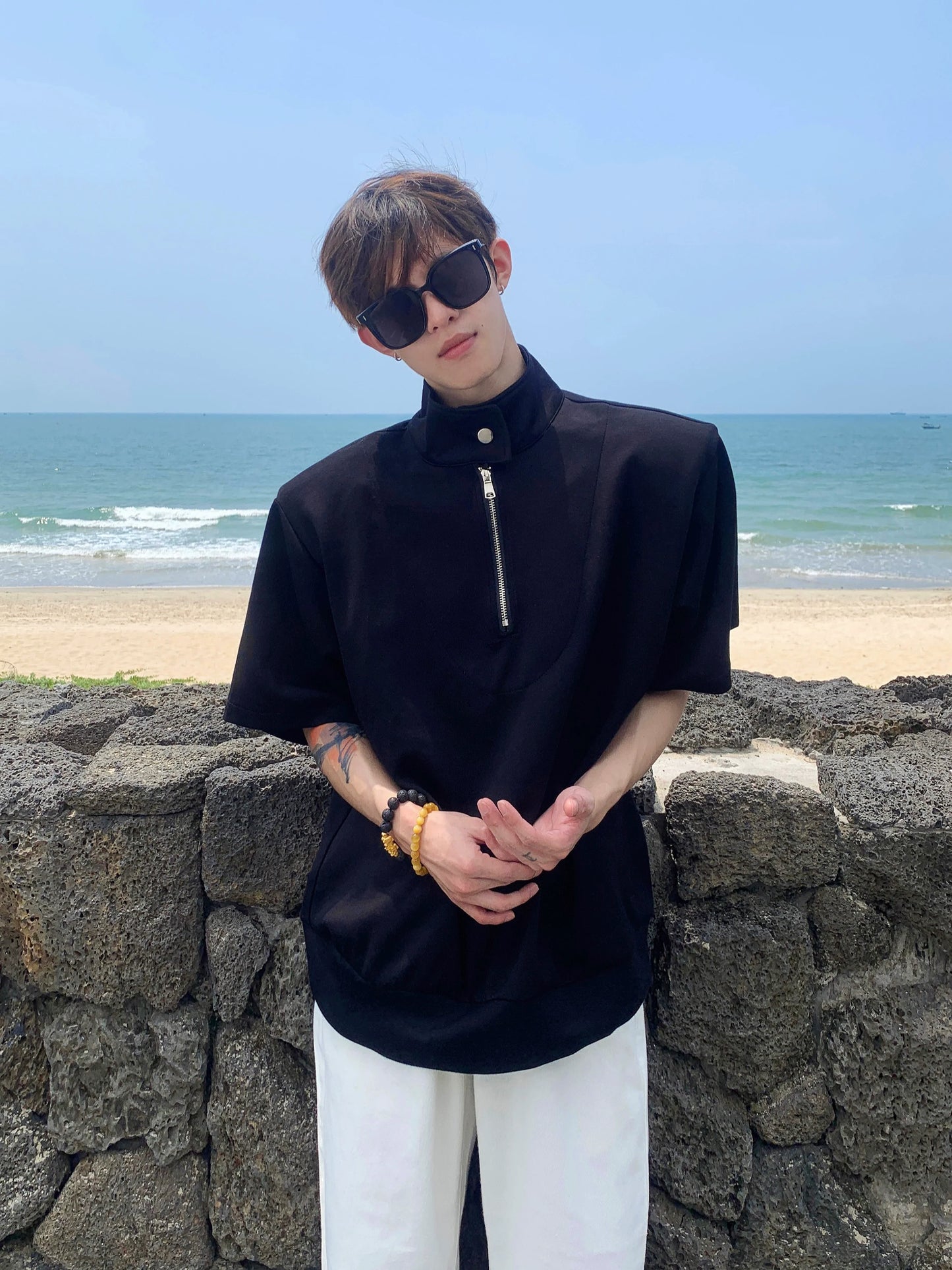 Half-Zip Stand Collar Shirt