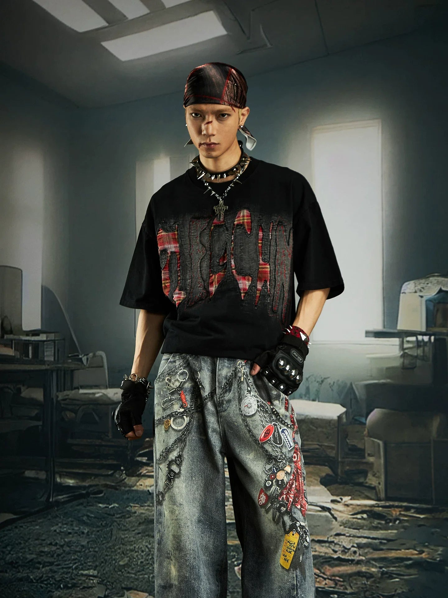 Bleached Shred Plaid Slash Tee