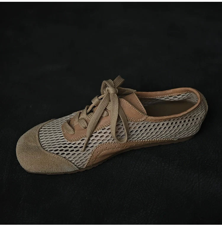Beige Mesh Suede Lace-Up Sneakers - Skipkicks