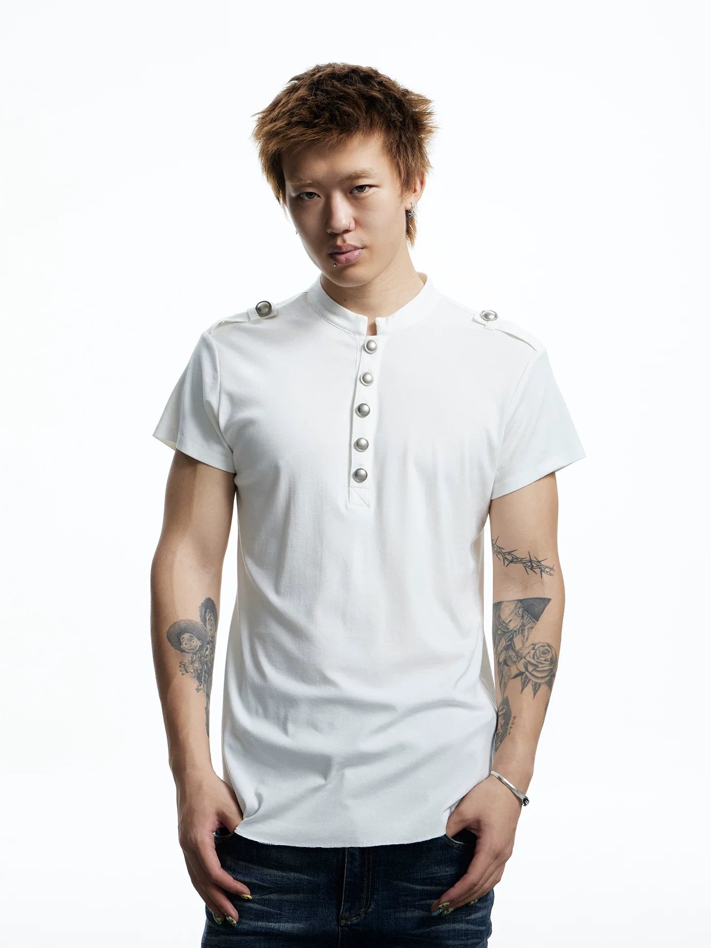 Button Placket Shoulder Tab T-Shirt