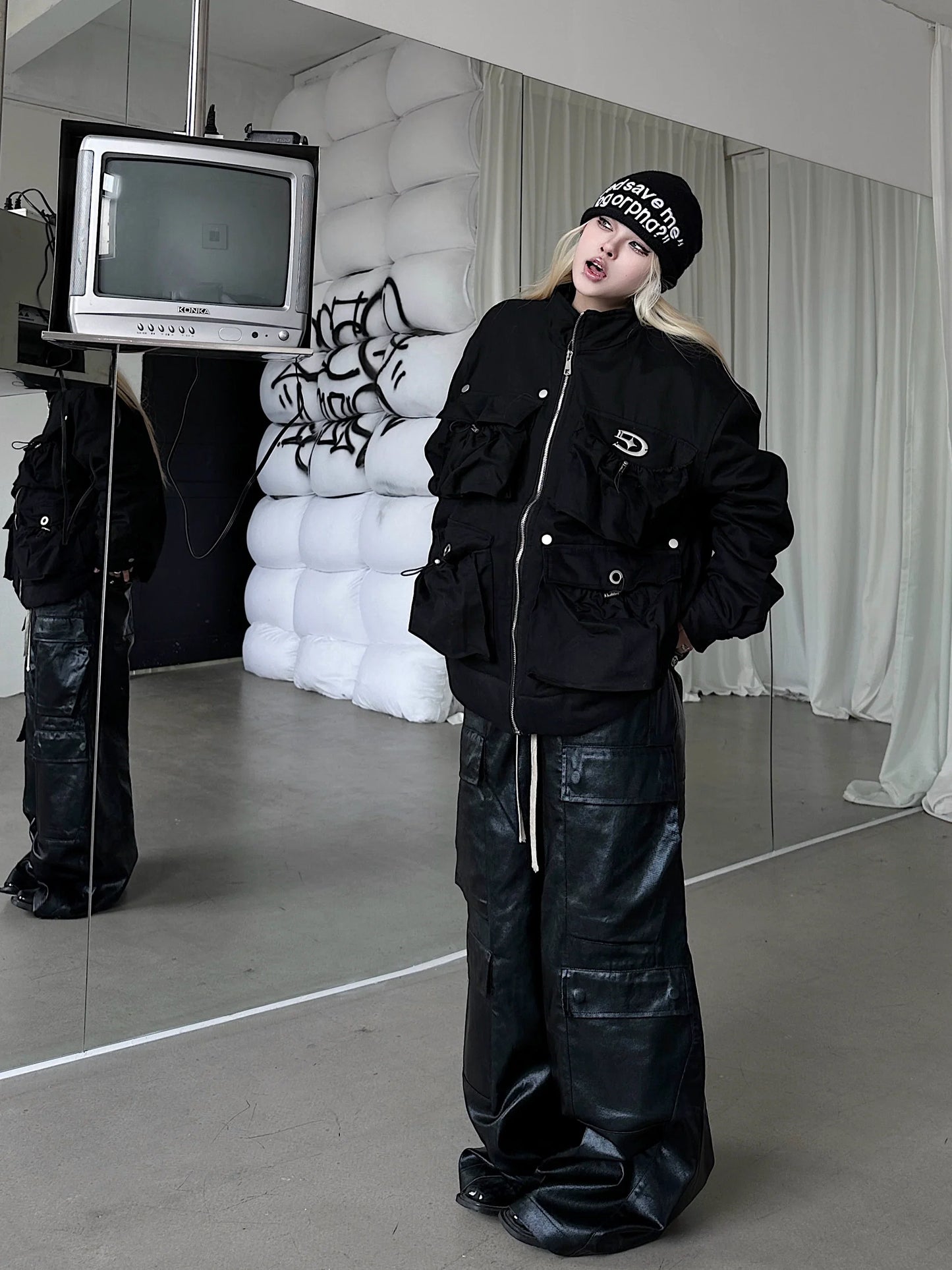 Men's Glossy Coated PU Wide-Leg Cargo Pants