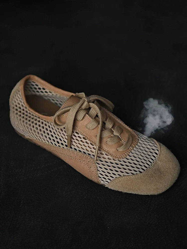 Beige Mesh Suede Lace-Up Sneakers - Skipkicks