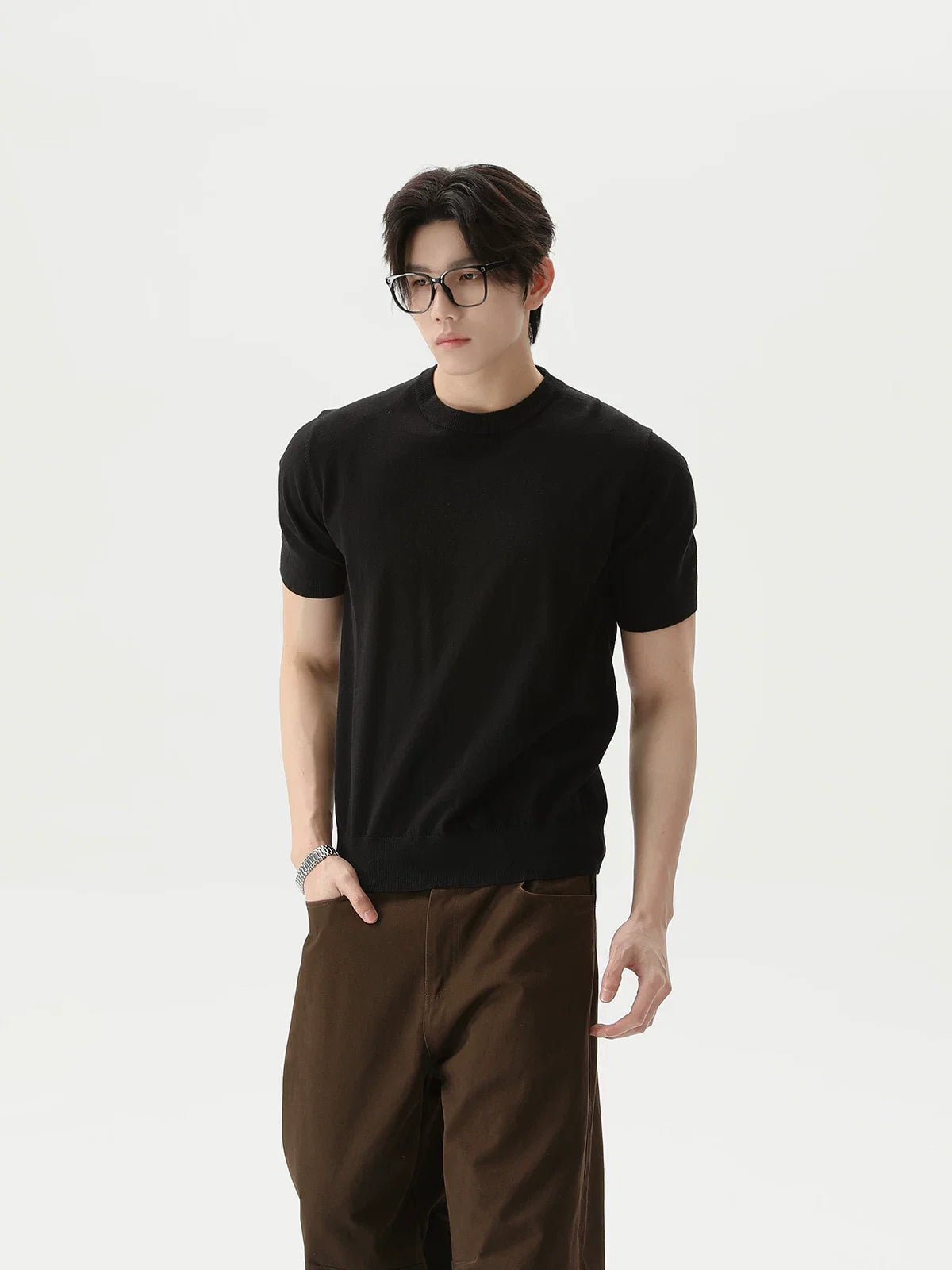 Retro Solid Knit Short-Sleeve T-Shirt