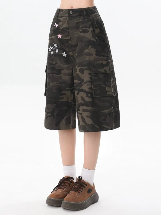 Camo Print Cargo Culottes with Star and Bow Patches