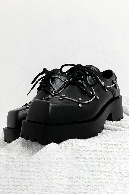 Black Studded Platform Chunky Derby Shoes