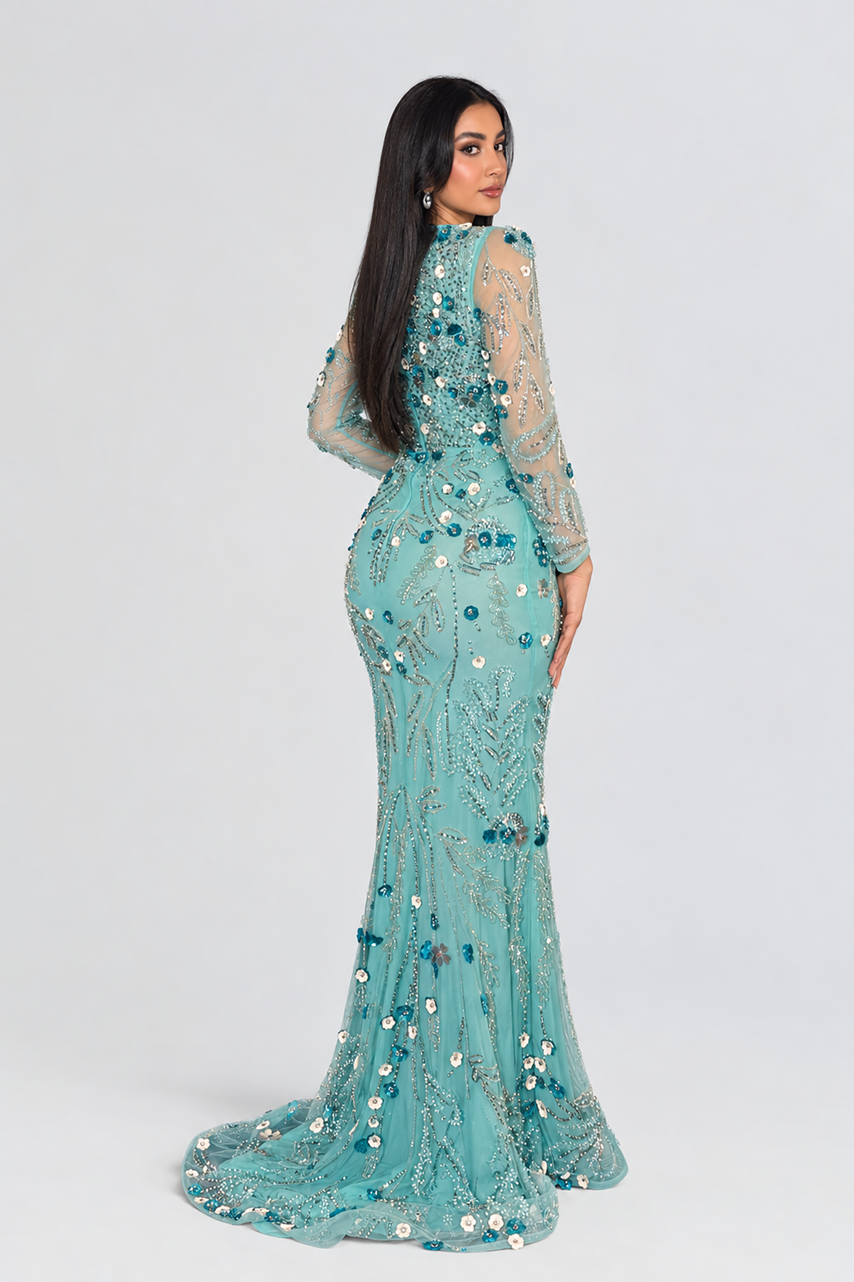 Raihana Long Sleeve High Neck Floral Sequin Embellished Modest Evening Dress