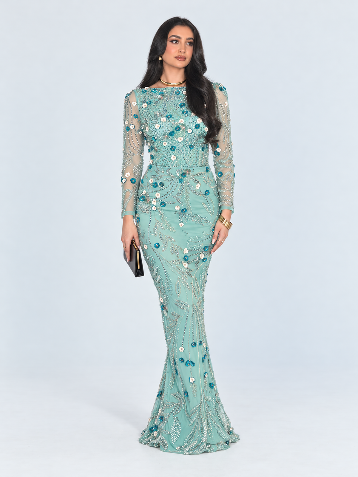 Raihana Long Sleeve High Neck Floral Sequin Embellished Modest Evening Dress