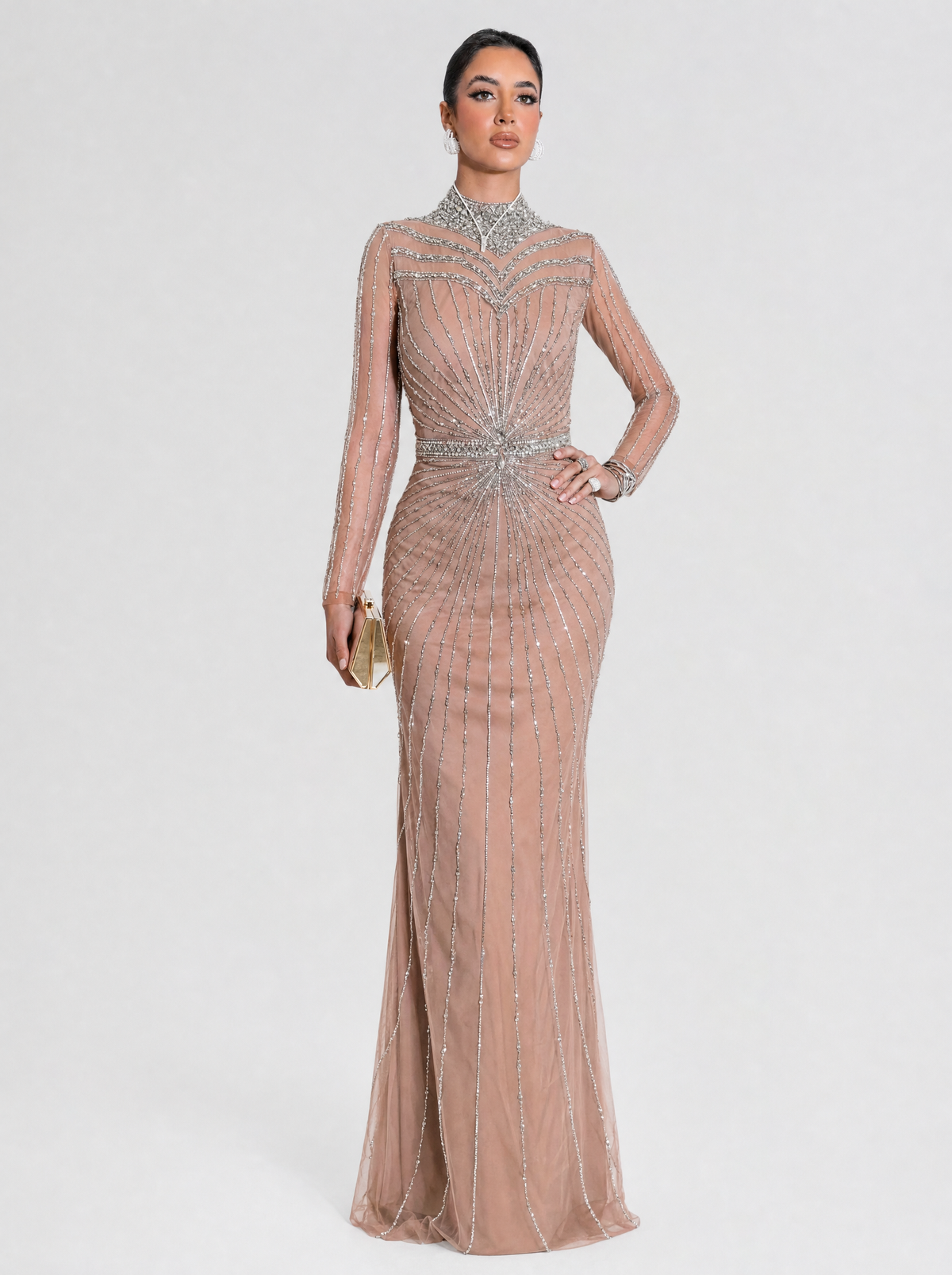 Rania Long Sleeve Beaded High Neck Dress