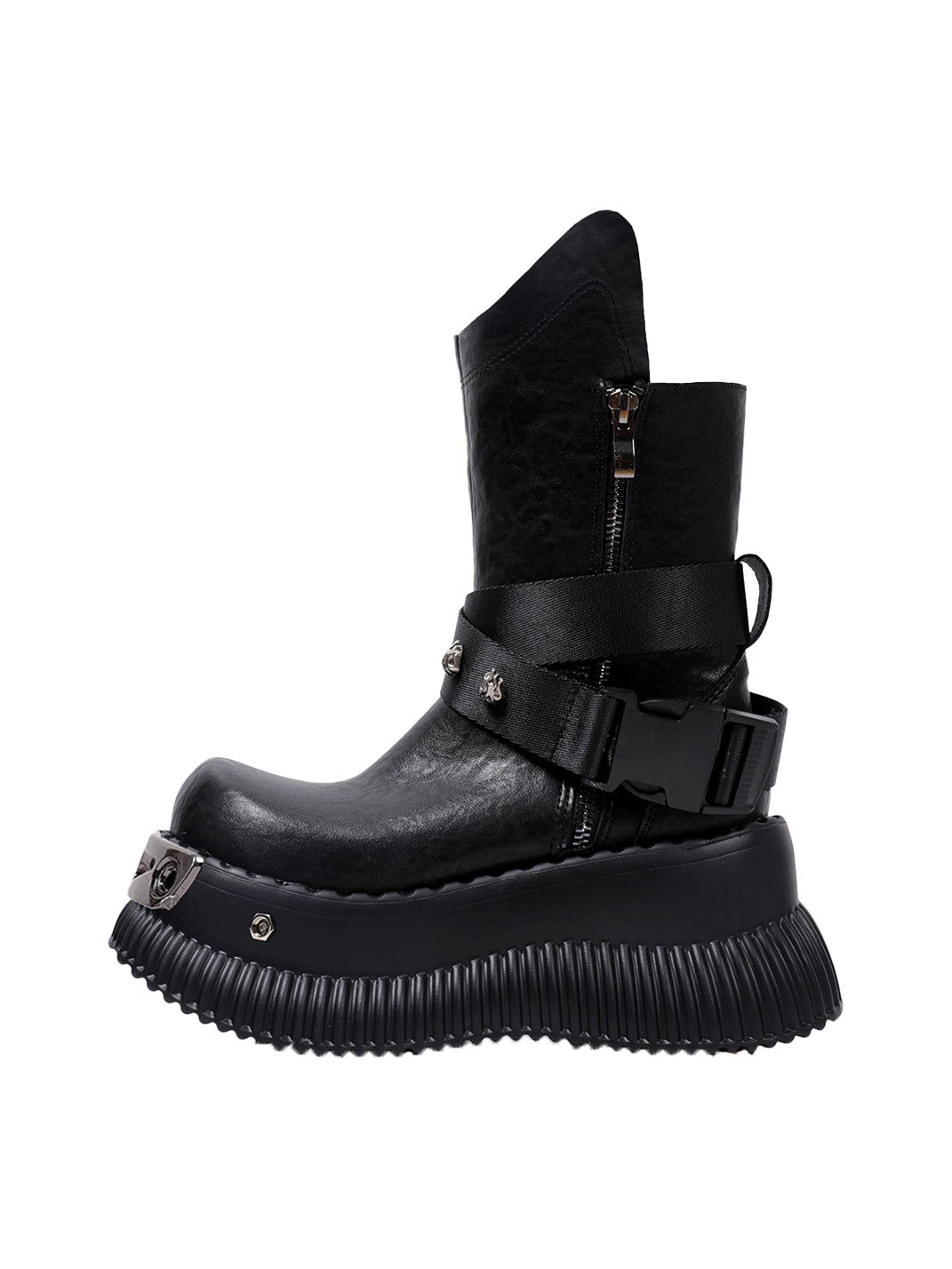 Black Punk Platform Ankle Boots with Metal Strap Detail