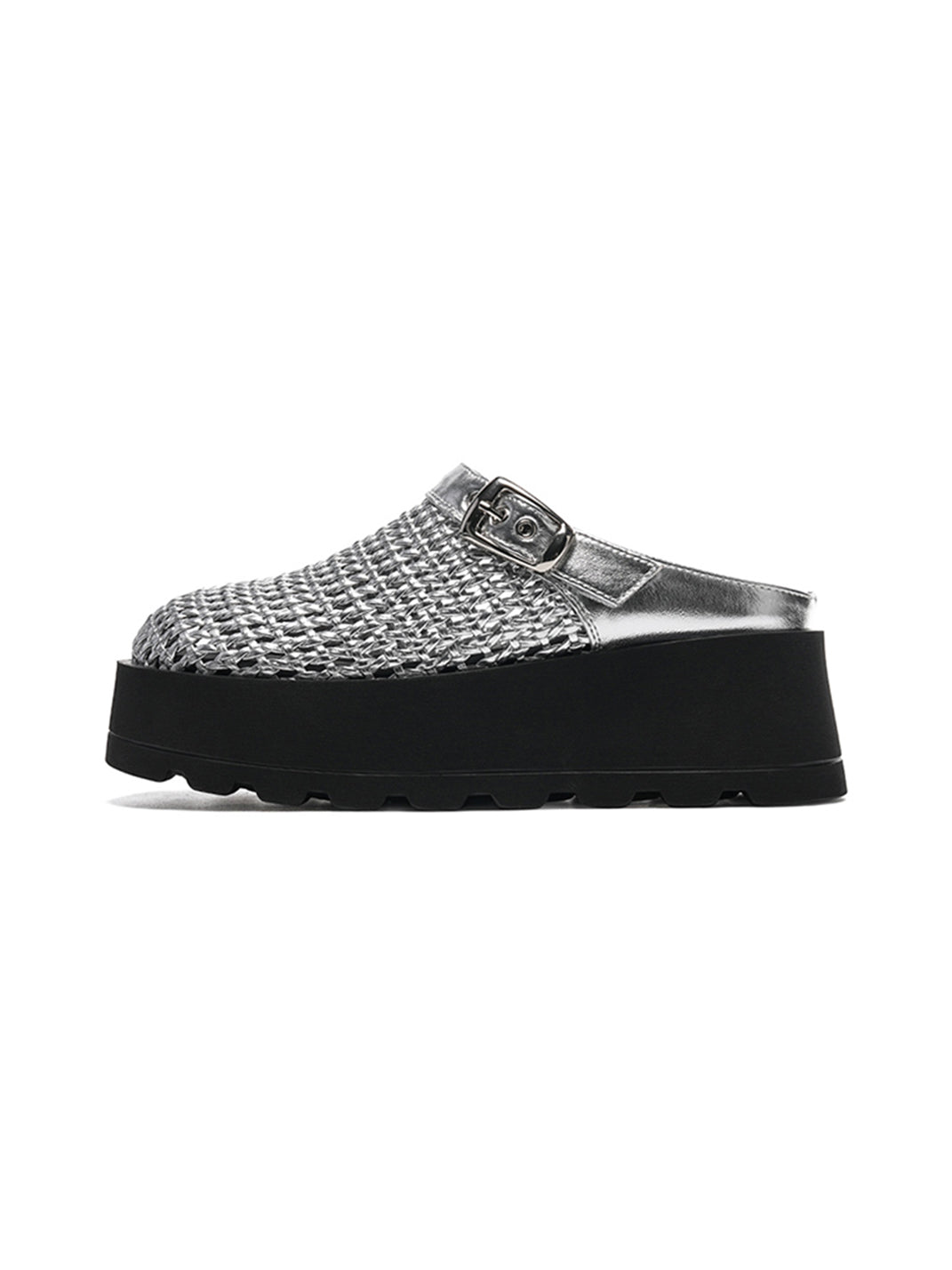 Woven Cut Out Platform Mules-Black - Skipkicks
