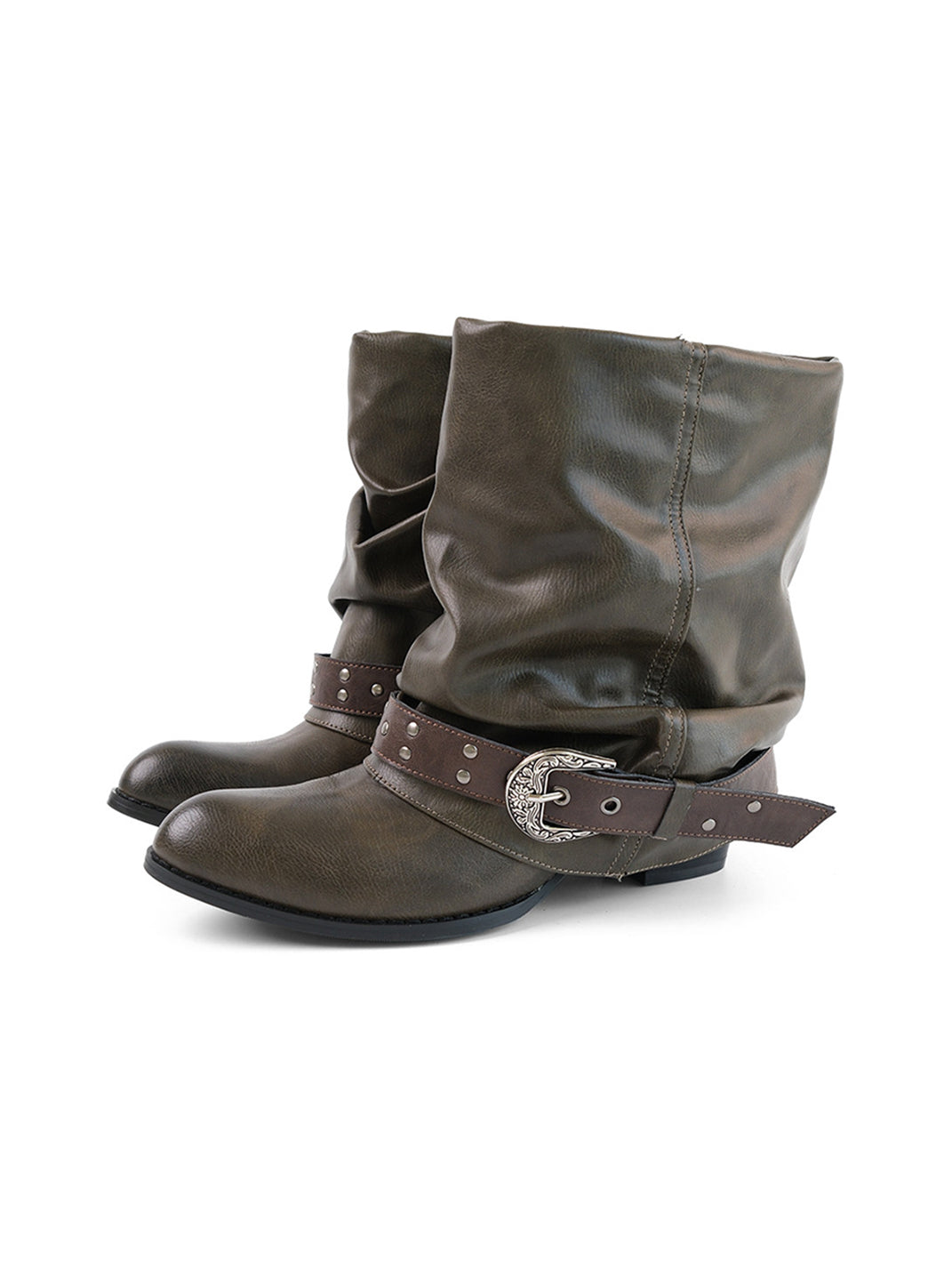 Brown Pleated Lace-Up Cowhide Ankle Boots
