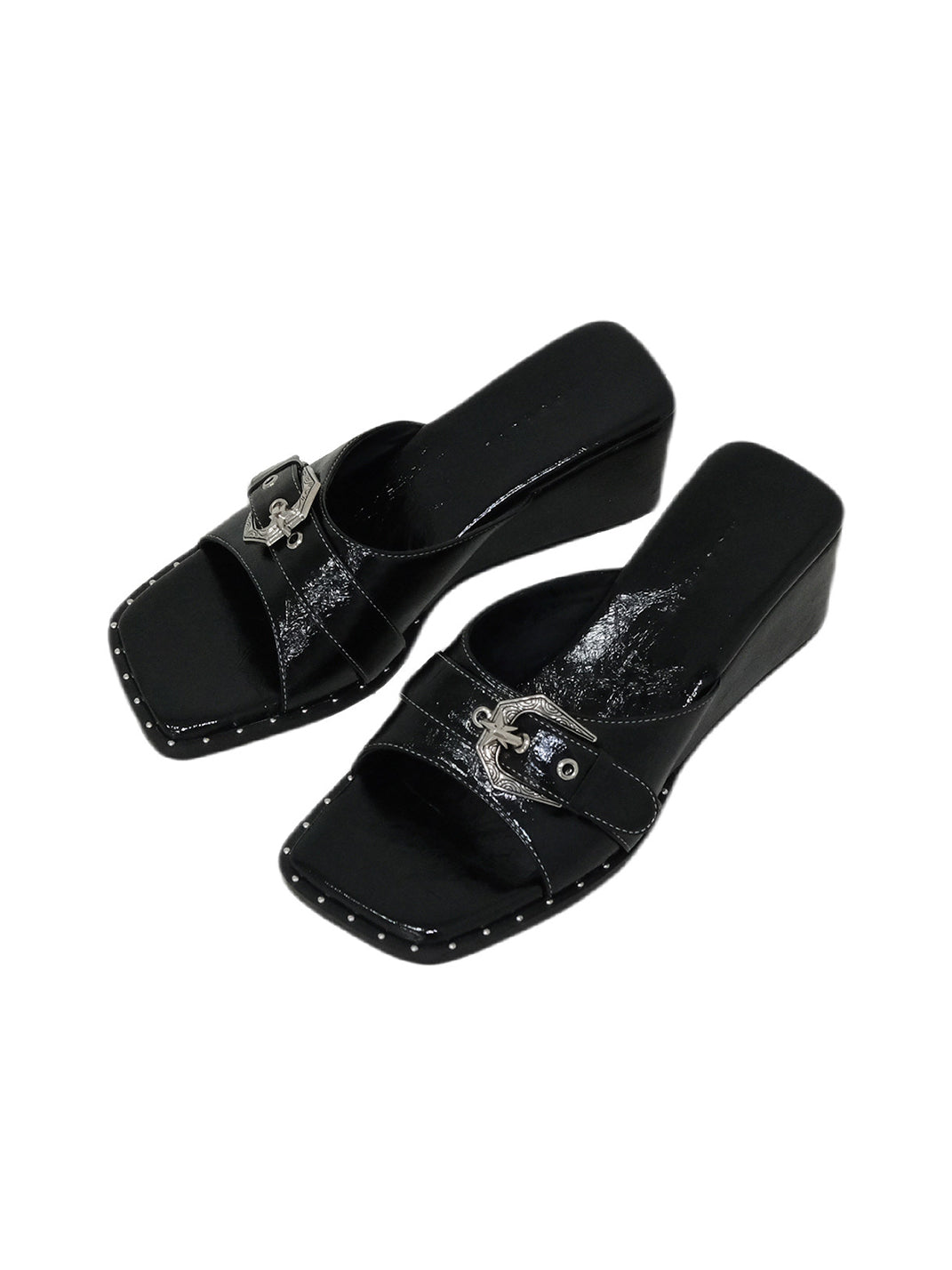 Black Leather Square-Toe Wedge Sandals - Skipkicks