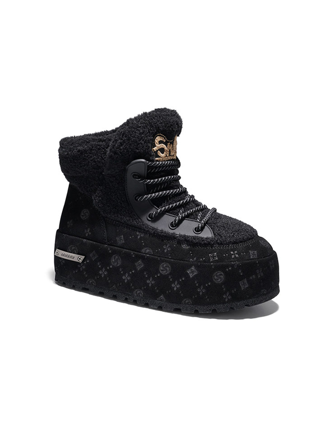 Black Monogram Design Faux Fur Platform Boots