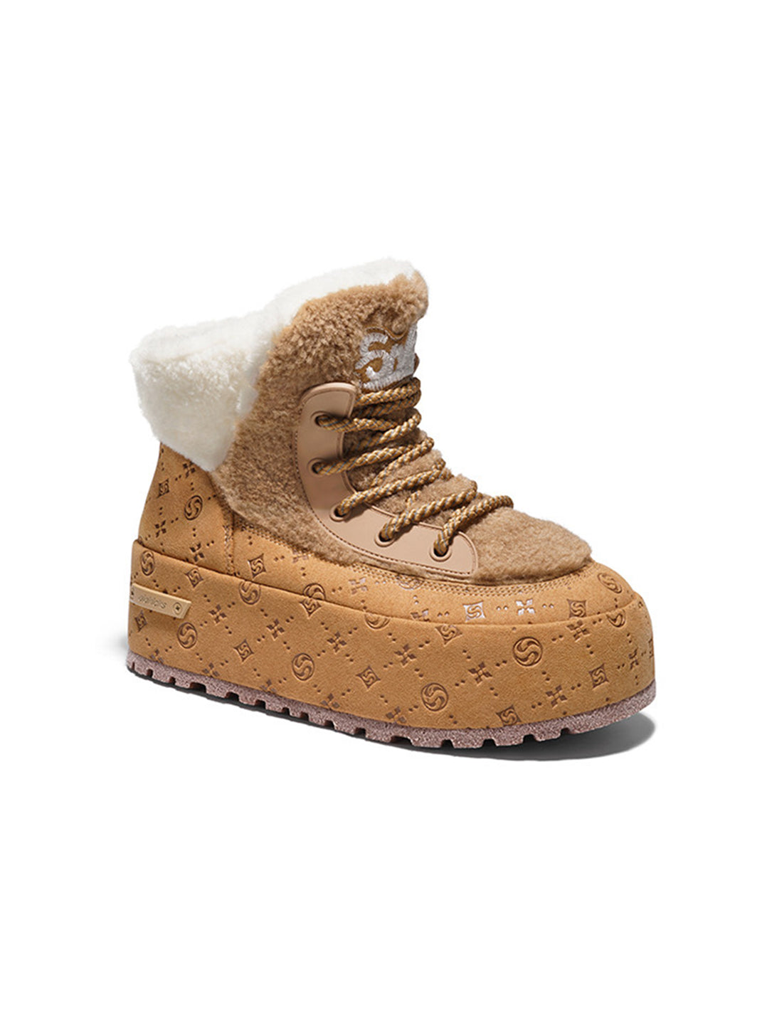 Black Monogram Design Faux Fur Platform Boots