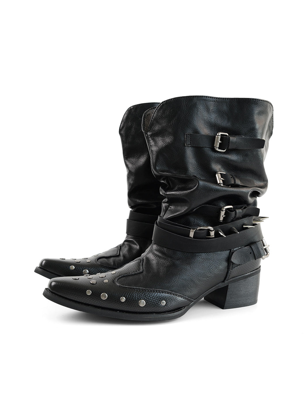 Black Leather Pointed-Toe V-Shaped Studded Ankle Boots