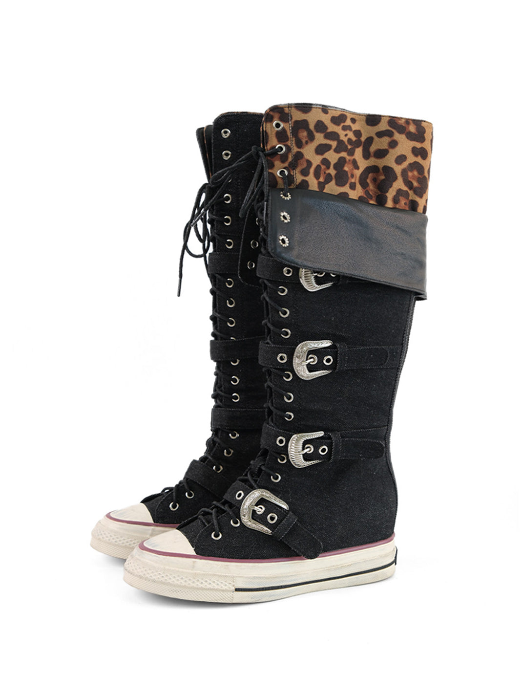 Leopard Print High-Top Canvas Boots with Belt Buckle - Skipkicks