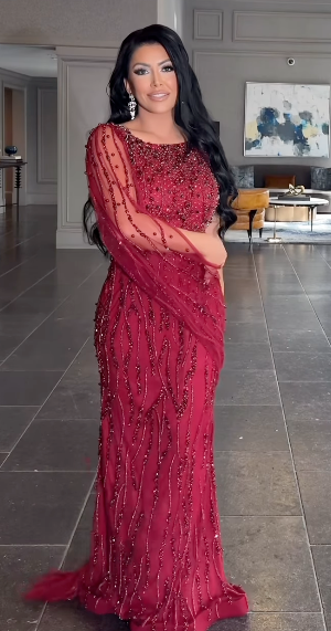 Faramah Drape Sleeves Embellished Fitted Sequin Modest Evening Dress