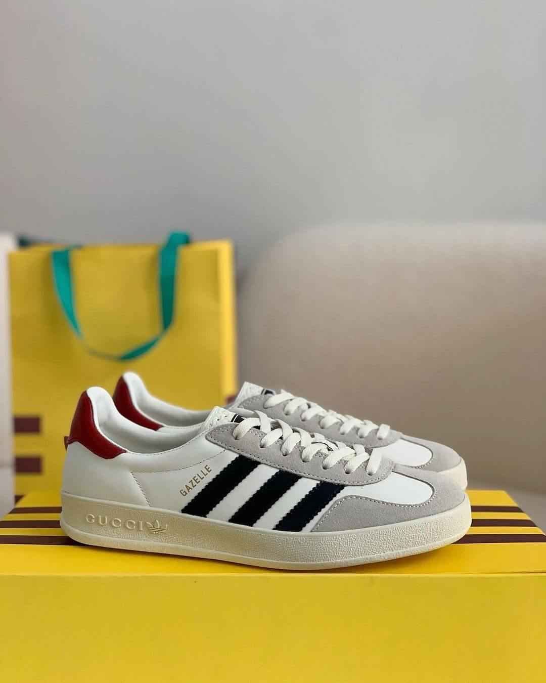 Adidas x Gucci Gazelle Sneaker in White with Black Stripes and Red Heel Tab