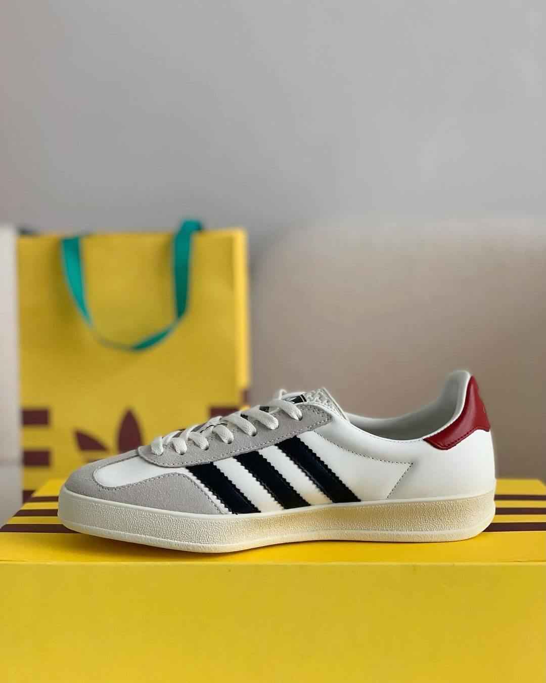 Adidas x Gucci Gazelle Sneaker in White with Black Stripes and Red Heel Tab