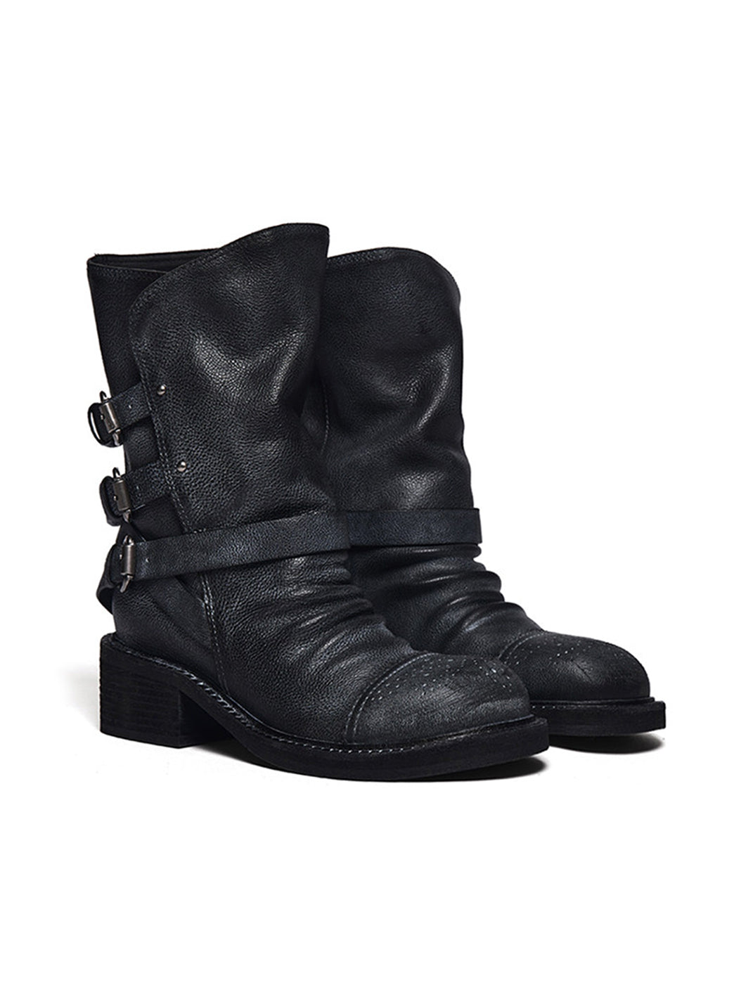 Distressed Triple-Buckle Ankle Boots - Skipkicks