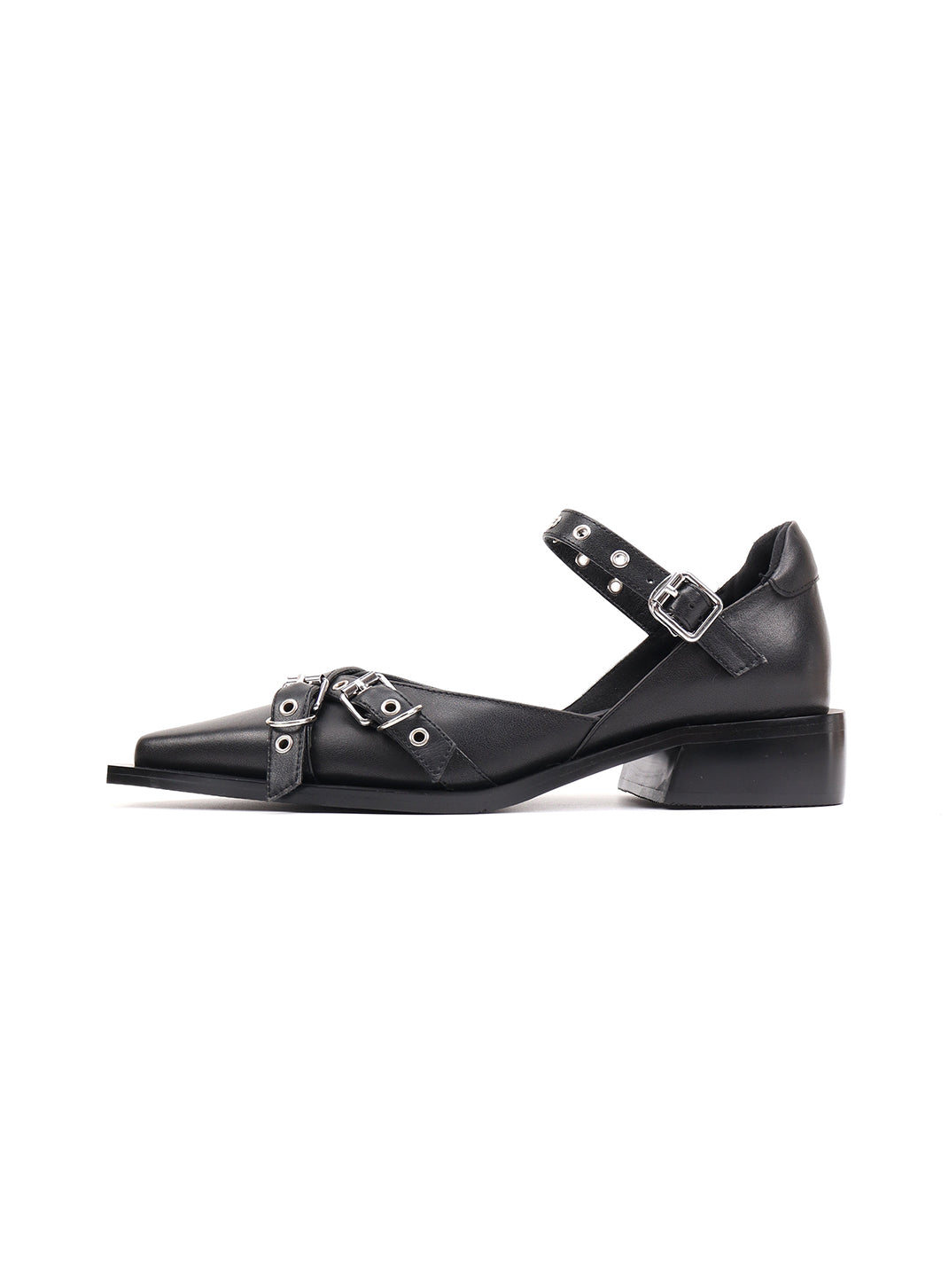 Black Buckle-Strap Pointed Mary Jane Flats - Skipkicks