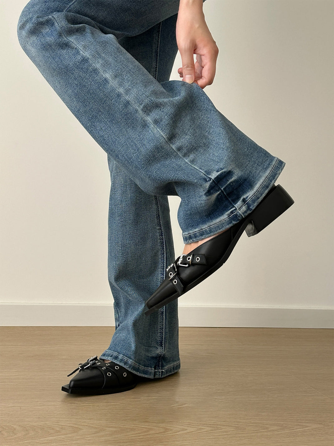 Black Buckle-Strap Pointed Mary Jane Flats - Skipkicks