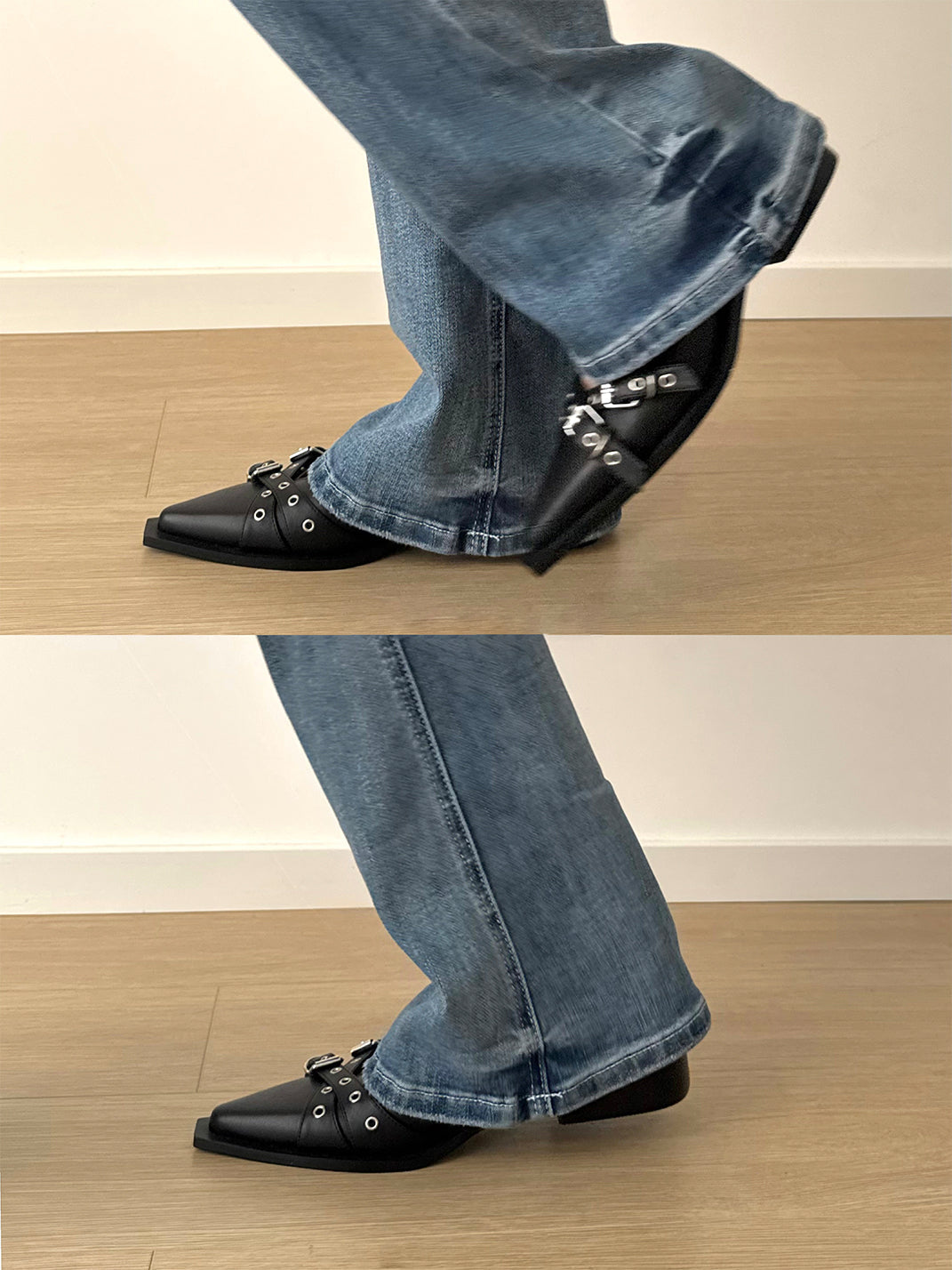 Black Buckle-Strap Pointed Mary Jane Flats - Skipkicks