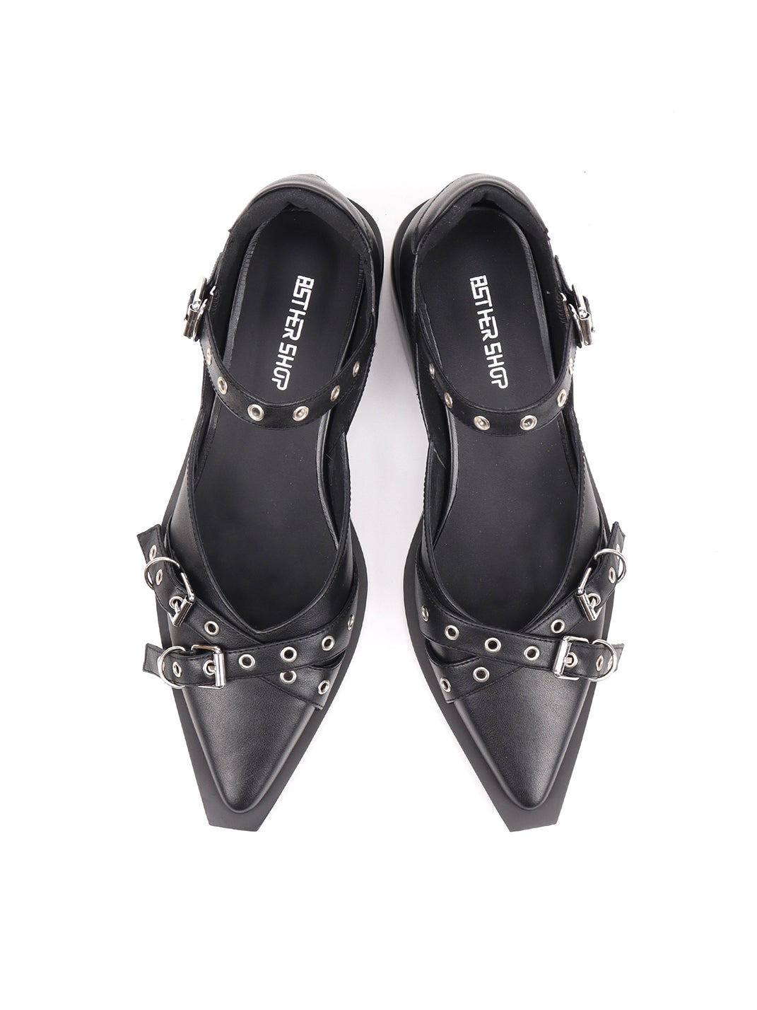 Black Buckle-Strap Pointed Mary Jane Flats - Skipkicks