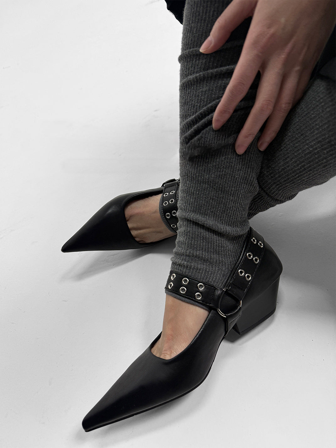 Black Buckle-Strap Pointed Mary Jane Pumps - Skipkicks