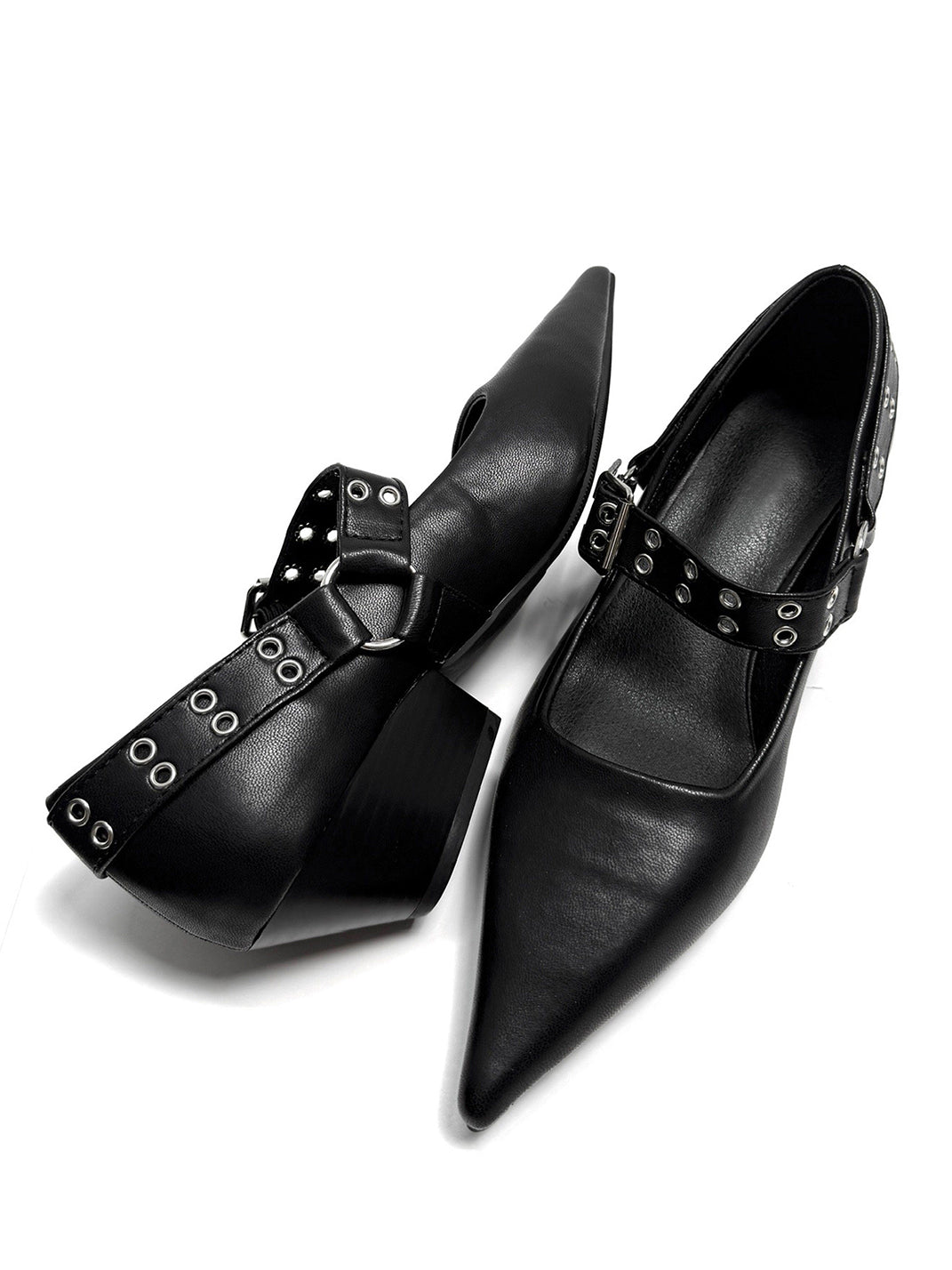 Black Buckle-Strap Pointed Mary Jane Pumps - Skipkicks