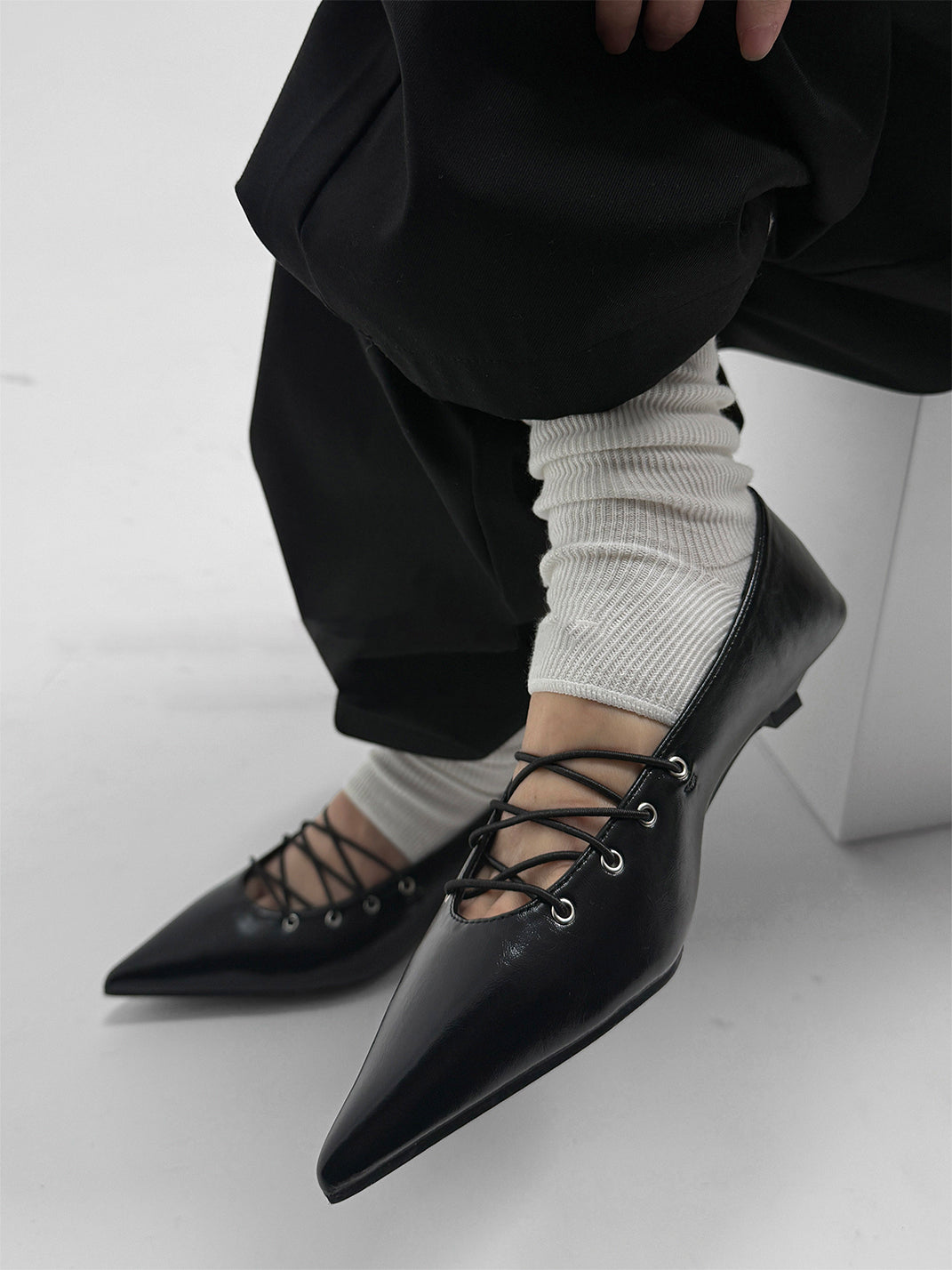 Black Corset-Lace Pointed Ballet Flats - Skipkicks