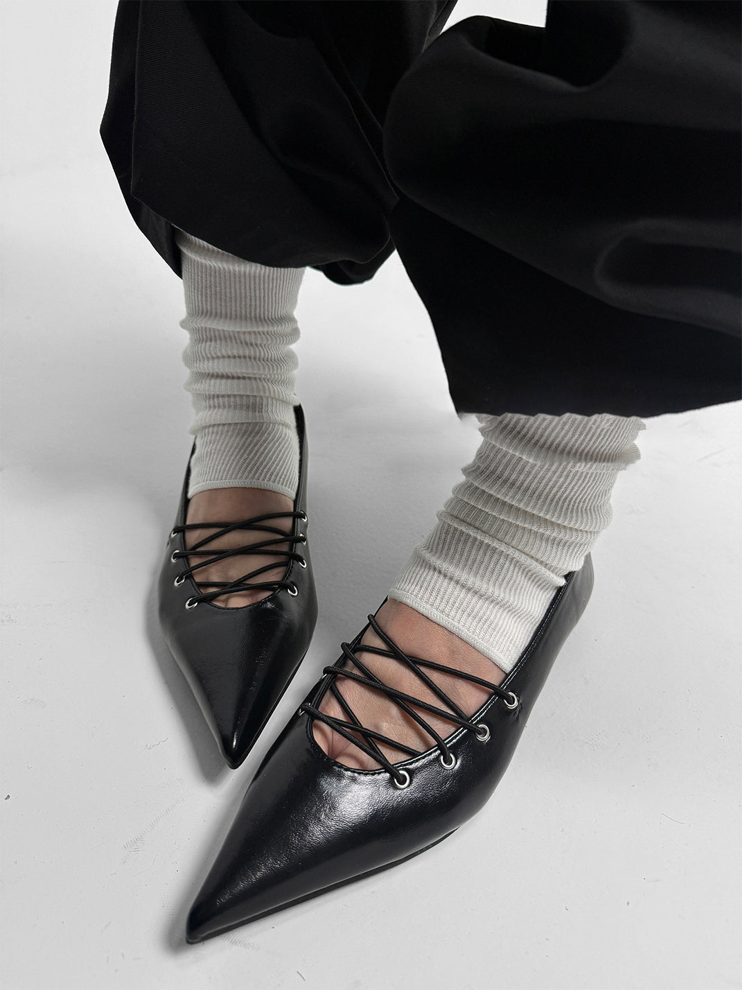 Black Corset-Lace Pointed Ballet Flats - Skipkicks