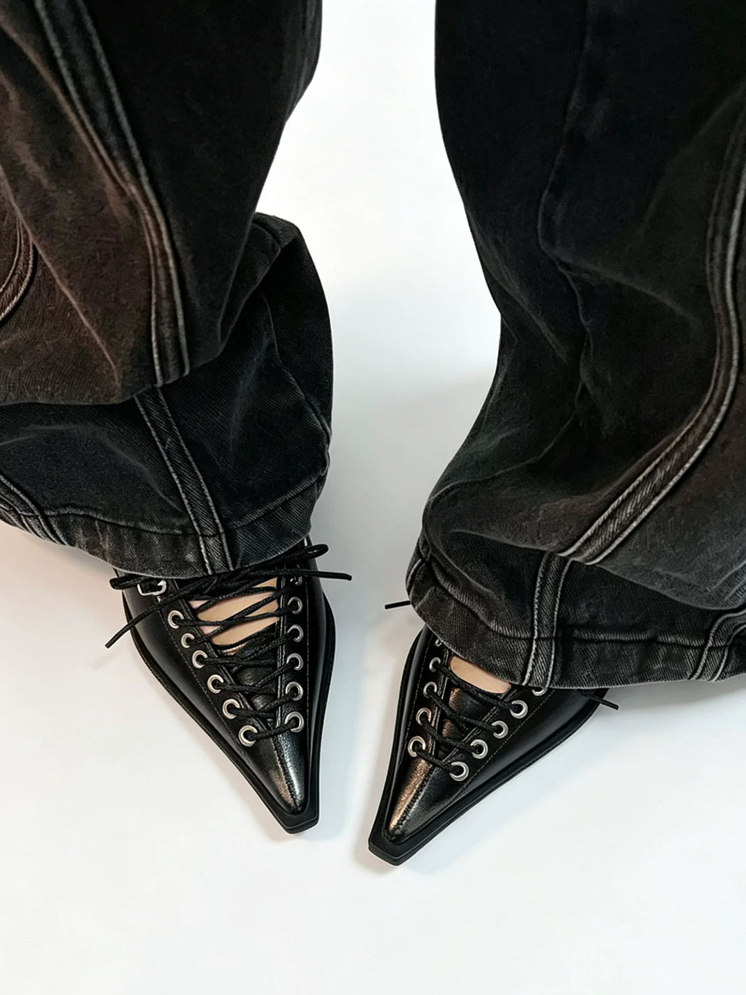 Black Corset-Lace Pointed Stiletto Pumps - Skipkicks
